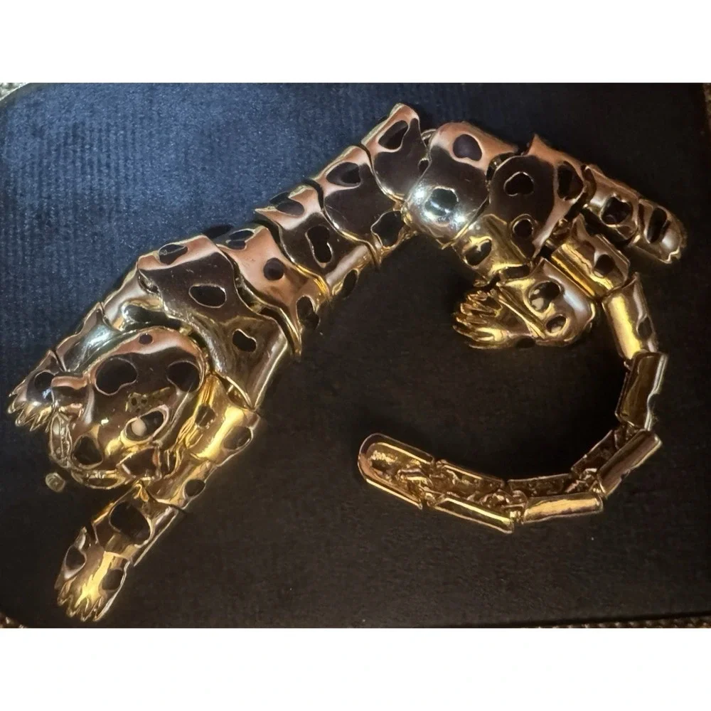 Vintage Articulated Panther Leopard Brooch Gold Tone Green Eyes Statement Jewelr